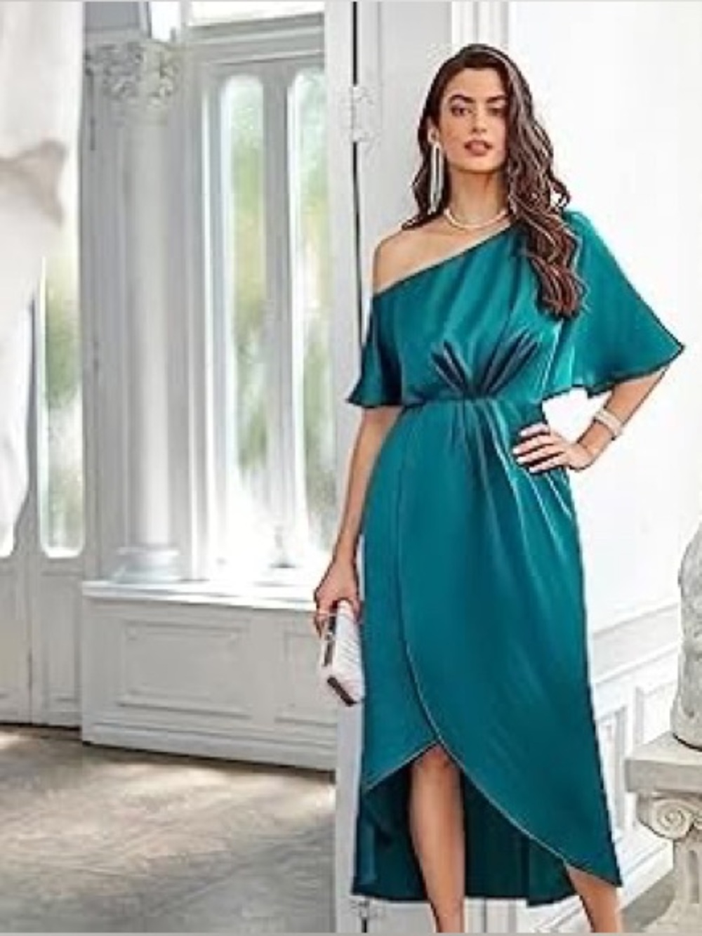 Grace Karin One-Shoulder Satin Dress in Teal Blue NWT M